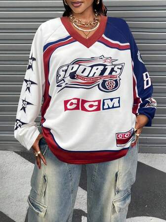 Sudadera holgada de manga larga con estampado de bloques de color, estilo deportivo y casual para mujer talla grande, para otoño e invierno.