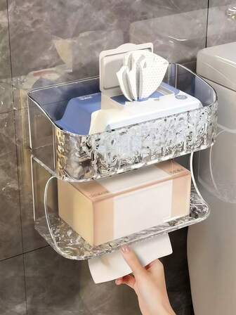 1 件装，现代壁挂式带置物架卫生纸架 - 抛光表面，长方形塑料纸巾盒，适用于浴室，悬挂式设计方便取用，卫生纸收纳 | 现代浴室配件 | 倒置式纸巾盒，卫生纸收纳，优雅浴室配件，置物架，纸巾盒架