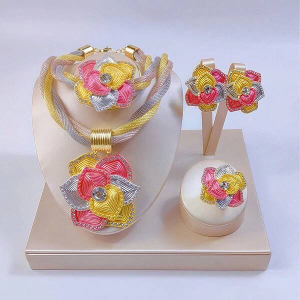 Conjunto de Pingente de Rosa da Moda 2026, Colar Dourado e Colorido de Dubai, Brincos, Anel, Pulseira, Joias para Mulheres, Presentes Africanos e de Festival