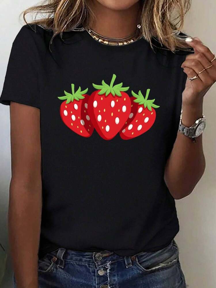 Camiseta de Mujer 100% con Estampado de Fresas - Suave, Transpirable, Manga Corta, Cuello Redondo, Corte Relajado con Diseño de Fresas Rojas y Hojas, negra con Bayas Rojas, Ideal para Todas las Estaciones, Ropa Casual de Verano y para el Día a Día, Outfits para Recoger Fresas, Lavable a Máquina (No Necesita Plancha) - Camiseta Vintage Independiente para Combinar con Otros Ropa de Primavera Verano, Estampado Divertido de Fresas, Silueta en H, Sin Transparencia, Cómoda para Combinar con Otros R - Negro - Añade 1