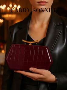 Elegant Geometric Pattern Hard Shell Clutch, Glossy Burgundy PU Handbag With Metal Details, Perfect For Party And Wedding Outfits - Burgundy - View 5