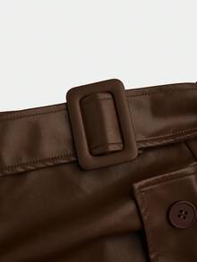 GLOURI Women's Brown Vegan Faux Leather Midi Skirt - High Waisted Ruched Bodycon With Side Slit & Button Detail | Versatile Office, Date Night & Party Outfit (Belt Included) - màu nâu - Xem 6