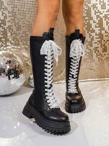 Women's Lace-Up Thick Sole Elegant Versatile Personalized Knee-High Zipper Back Fashion Boots, Suitable For Autumn/Winter - Black - View 1