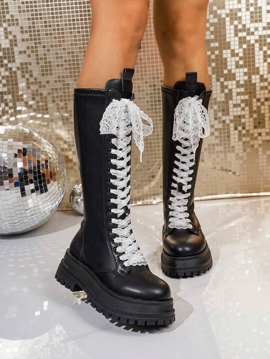 Women's Lace-Up Thick Sole Elegant Versatile Personalized Knee-High Zipper Back Fashion Boots, Suitable For Autumn/Winter - Black - View 1