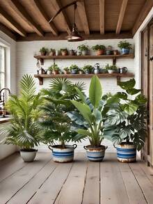 四件套仿真大型植物套装 - 包含多片叶子，仿真植物，适合户外使用 - 宽叶热带雨林圣诞棕榈树装饰，全年室内/室外盆栽植物，适用于婚礼、办公室、酒店、花园、摄影拍摄，北欧风格仿真树，圣诞节、感恩节装饰，地面摆放绿叶建筑设计，抗紫外线，低维护摄影道具 - 彩色 - 查看 6