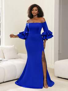 Faeriesty Chic Plus Elegant Off-Shoulder Evening Gown With Long Sleeves & Flared Ruffled Cuffs | Form-Fitting Silhouette & High Front Slit | Slight Stretch Fabric For Galas, Weddings & Upscale Evening Gatherings