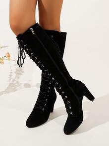 Women's Lace-Up Slimming High Heel Knee-High Boots, Featuring Lace-Up Metal Buckle Accent, Pointed Toe, Chunky Heel, Vintage Punk Style, Suitable For Daily Wear In Autumn/Winter, Available In Multiple Colors, Suede Material - Black - View 1