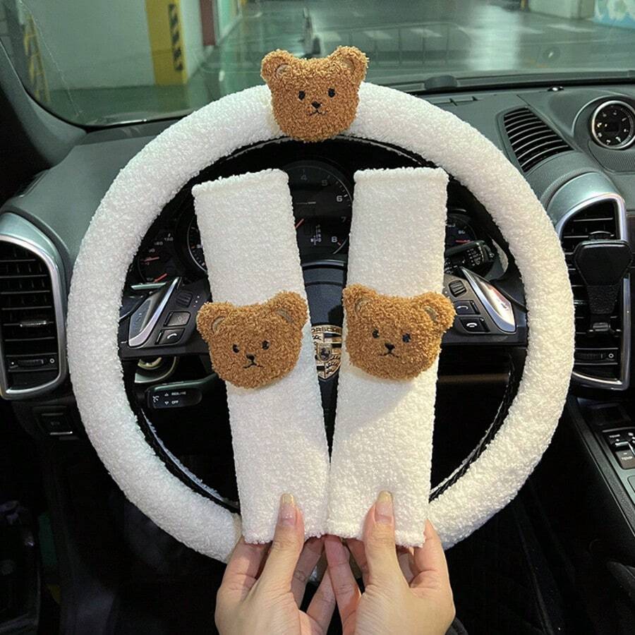 Cute Bear Car Interior Accessory Set - Bear Head Car Seat Belt Shoulder Pad, Steering Wheel Cover, Cute Cartoon Car Safety Belt Protector, Car Interior Decoration