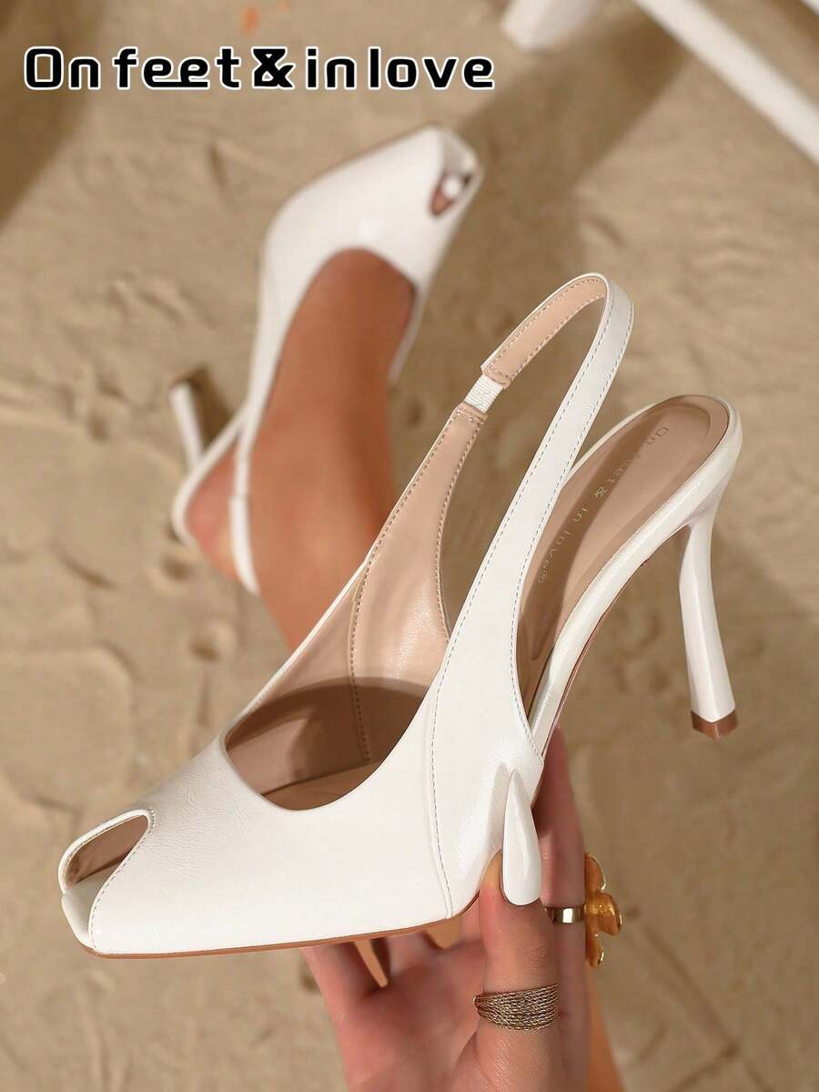 On feet& in love Giày cao gót hở mũi vuông thời trang và thanh lịch dành cho nữ, phù hợp với váy đầm mùa hè - trắng - Xem 1