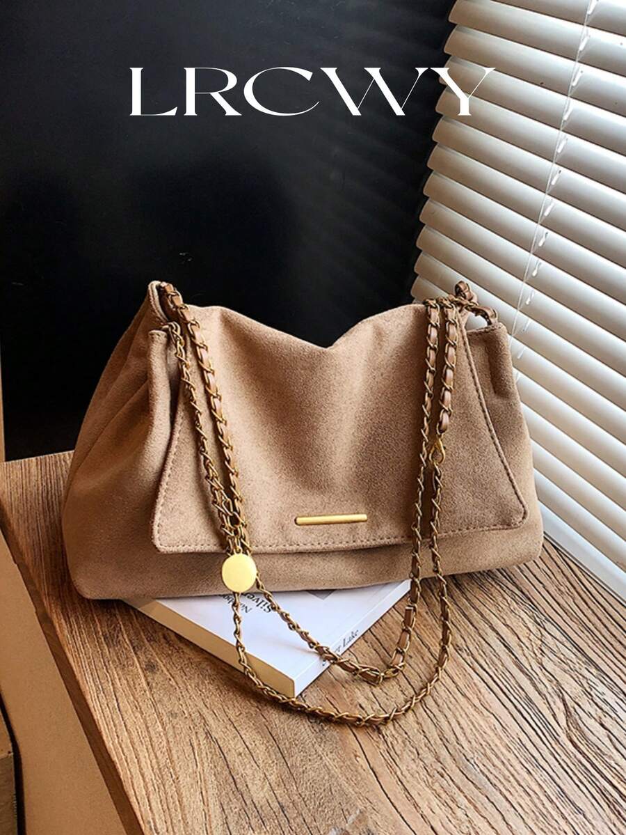 女士单肩包，翻盖软包，仿麂皮绒面哑光PU材质，时尚秋冬优雅复古简约风，金属链条设计，适合女性、女孩、大学生，休闲通勤皆宜，卡其色 - 卡其色 - 查看 1
