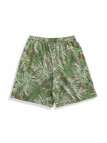 男士夏季轻便速干休闲短裤，夏威夷度假风沙滩花卉图案冲浪短裤，百搭宽松沙滩百慕大短裤 - 綠色 - 查看 3