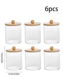 4pcs Accessories With Bamboo Cover Dispensor Holder For Swab, Round Pad, Dental Flosser, Etc. - 10oz Clear Plastic Dispensing Jars Packaging Set For Bathroom/Kitchen Vanity Storage Organizer