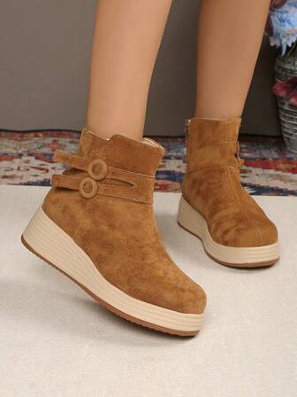 秋冬女士纯色坡跟踝靴，休闲搭扣拉链厚底短靴