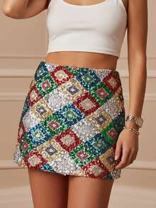 Detalles sexy de lentejuelas sólidas minifaldas para fiestas festivas femeninas - Dorado - Ver 3