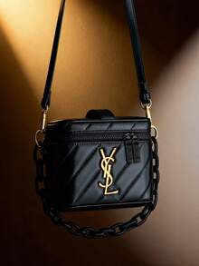 Yves Saint Laurent YSL Women's Black Square Shoulder Bag With Gold Logo, Suitable For Casual Daily Use, Great Christmas Gift - Black and Gold - View 8