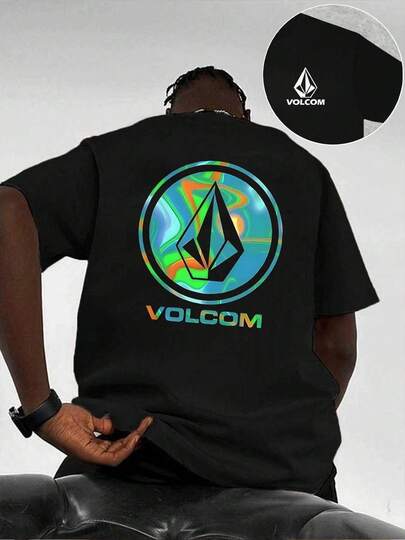 Camiseta de otoño con estampado gráfico de Volc om, algodón premium, corte holgado, transpirable, informal, estampado llamativo, impresión a doble cara.