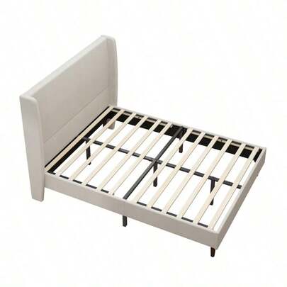 High Headboard Upholstered Bed Queen Size Bed Frame 12-Slat Support Easy To Assemble Beige Chenille Cloth No Box Spring Needed