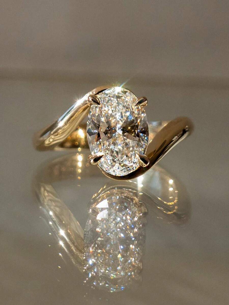 1枚925纯银优雅奢华扭纹椭圆形2克拉立方氧化锆戒指，女士派对及生日戒指，时尚珠宝礼品 - 扭臂蛋形戒指 - 查看 1