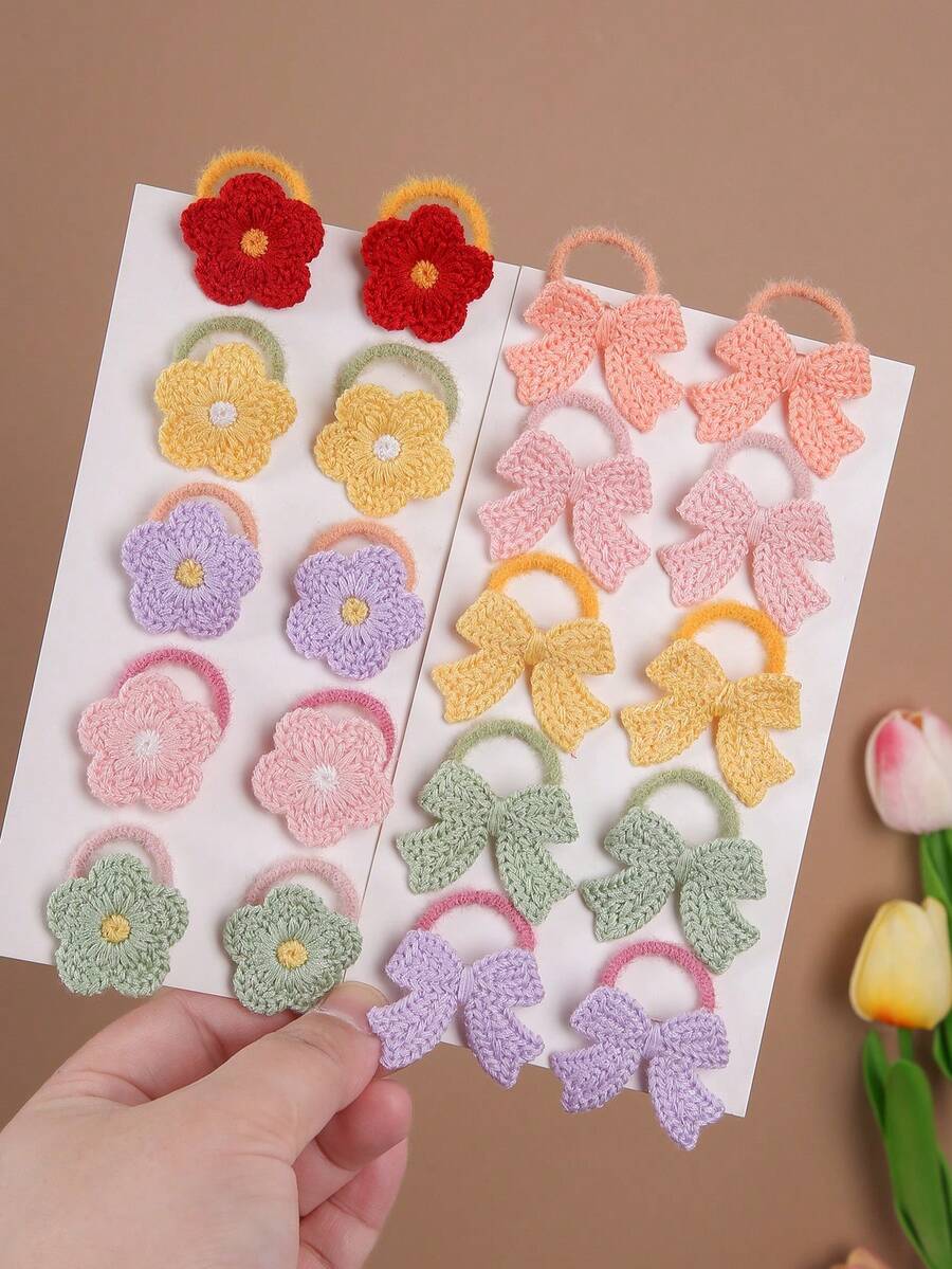 10个彩色樱花针织花朵蝴蝶结发圈，可爱女孩弹力发绳，呵护秀发，发饰 - 彩色 - 查看 1