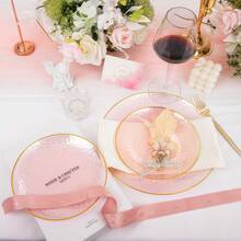 50/25/12pcs Pink Rim Plates - Elegant Plastic Plates With Transparent Pink & Gold Rim, Hammered Pattern Design Plates, Platters For Serving Desserts, Dishes, Steaks, Pasta, Cakes, Snacks, Fruits, Etc. - Perfect For Parties And Weddings: Birthday Parties, Weddings, Valentine's Day, New Year, Mother's Day Or Any Special Occasions - 粉色 - 查看 10