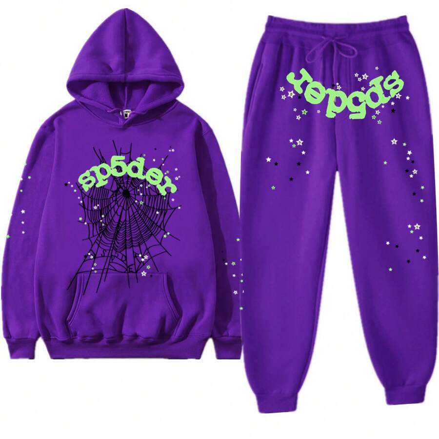 Y2K SP5 55555 Print Unisex Spider Web Letter Print Jogger Pants Sweatshirt Hoodie Fleece Sweatshirt Sports Set - 20紫色 - 查看 1