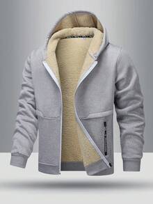 Teens' Winter Versatile Minimalist Ribbed Cuff & Hem Design Zipper Pocket Warm Thermal Lined Hooded Sweatshirt Jacket - Light Grey - View 1