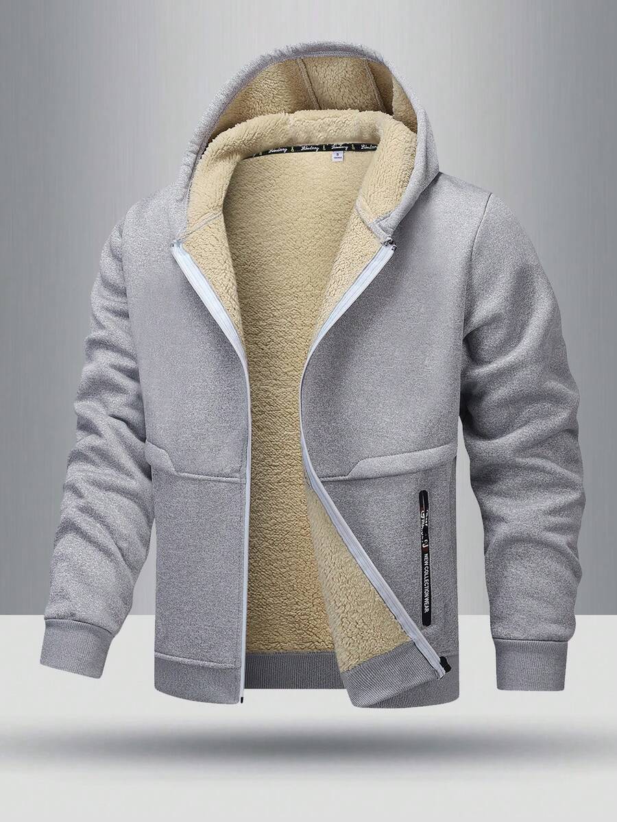 Teens' Winter Versatile Minimalist Ribbed Cuff & Hem Design Zipper Pocket Warm Thermal Lined Hooded Sweatshirt Jacket - Light Grey - View 1