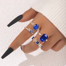 Cross-Border Luxury Accessories Geometric Gemstone Ring Colorful Inlaid Diamond Four-Piece Ring Set - 23643-xanh - Xem 2