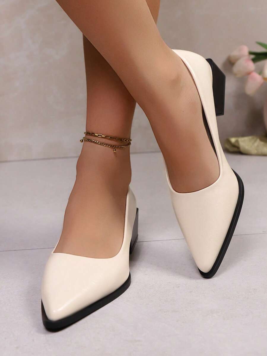 Geeyea A Pair Of Women's High Heels, Multi-Colored Pointed-Toe Chunky Heels, With A Simple And Versatile Design, Elegant And Suitable For Both Office Work And Formal Occasions, Easily Creating A Capable And Sophisticated Image. - 白色 - 查看 1