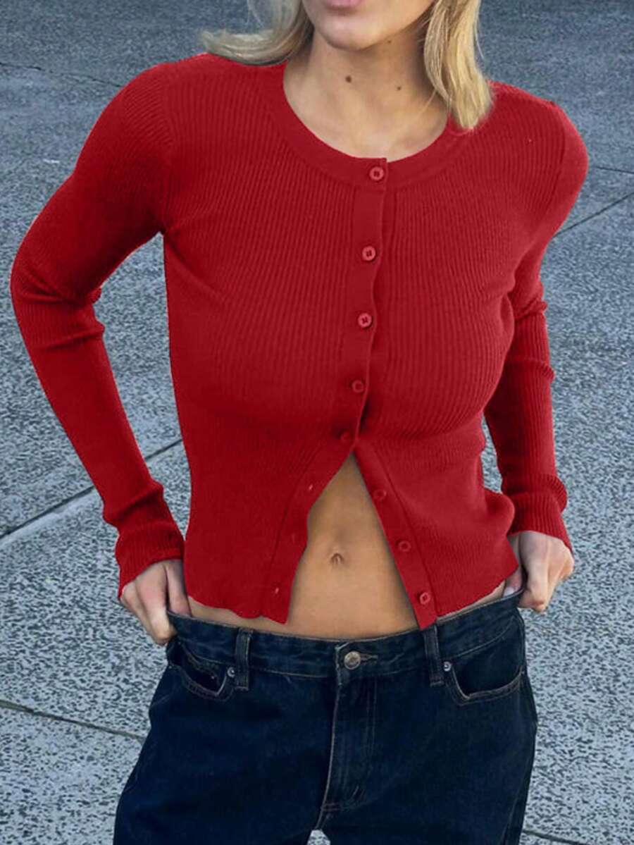 1pc Solid Color Knitted Button Ribbed Long Sleeve Cardigan Top, Suitable For Dates, Holidays, Everyday, Birthday Parties, Singles Parties, Travel, Airport, Early Autumn - Red - View 1