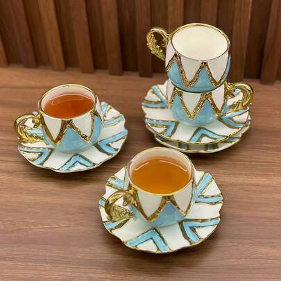 1/6pcs Exquisite Embossed Coffee Cup & Saucer Set, Hand-Painted With Gold Rim In Red/Blue/Black, Suitable For Espresso, Cappuccino, Latte, Herbal Tea, Luxury Modern Middle Eastern Style Ceramic Houseware, High-End Afternoon Tea Cup & Saucer Set (80ml/2.71oz), Suitable For Home, Couples, Ramadan, Eid Al-Fitr Celebration, Parties And Gatherings