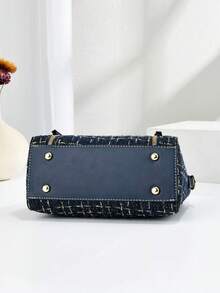 1 pieza Bolso de mano cuadrado mini de unicolor para mujer, bolso de hombro de moda con asa superior, mini cartera de hombro con decoración de hebilla - Azul Marino - Ver 7
