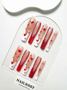 10Pcs Handmade Press On Nails Kit Long Stiletto Pink White Faux Pearls Bling Glitter Glistening Iridescent Luxurious Rhinestone Decor Cat Eye Elegant Minimalist Old Money Japanese Style Modern Korea Style Fresh Design Chic French Style Neutral Classical Creative Glossy Finish Shimmery Ombre 1 Account Manicure Set Includes Adhesive Tabs 35 Mini File Full Cover Fake Nails Design - Pink - View 2