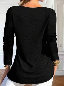 Women's Loose Fit V-Neck Long Sleeve Top, Elegant Solid Color, Spring/Autumn - Black - View 4