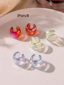 6pcs/Set Women's Holographic Transparent Clip-On Earrings, No Piercing Required, Essential Party/Daily Fashion Earrings - Transparent Color - View 3
