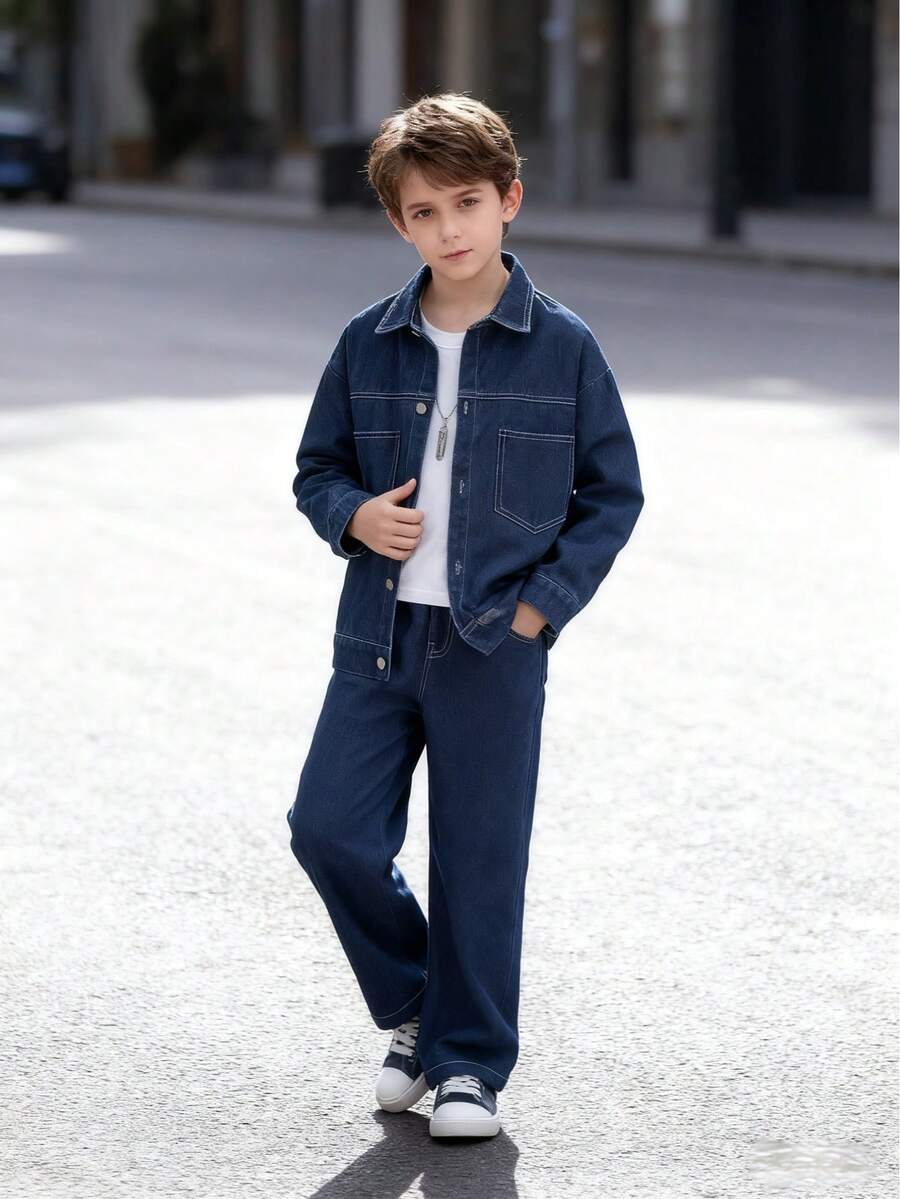 2 件套男童休闲时尚学院风牛仔夹克，带口袋和长袖，牛仔裤，适合春秋季