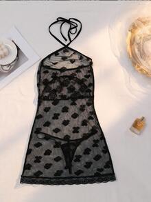 2pcs Women's Heart Mesh Sheer Sexy Lingerie, Halter Design, Valentine's Day Sleepwear, Heart Print Mesh Halter Nightgown, Tight Fit To Accentuate Figure - Black - View 6