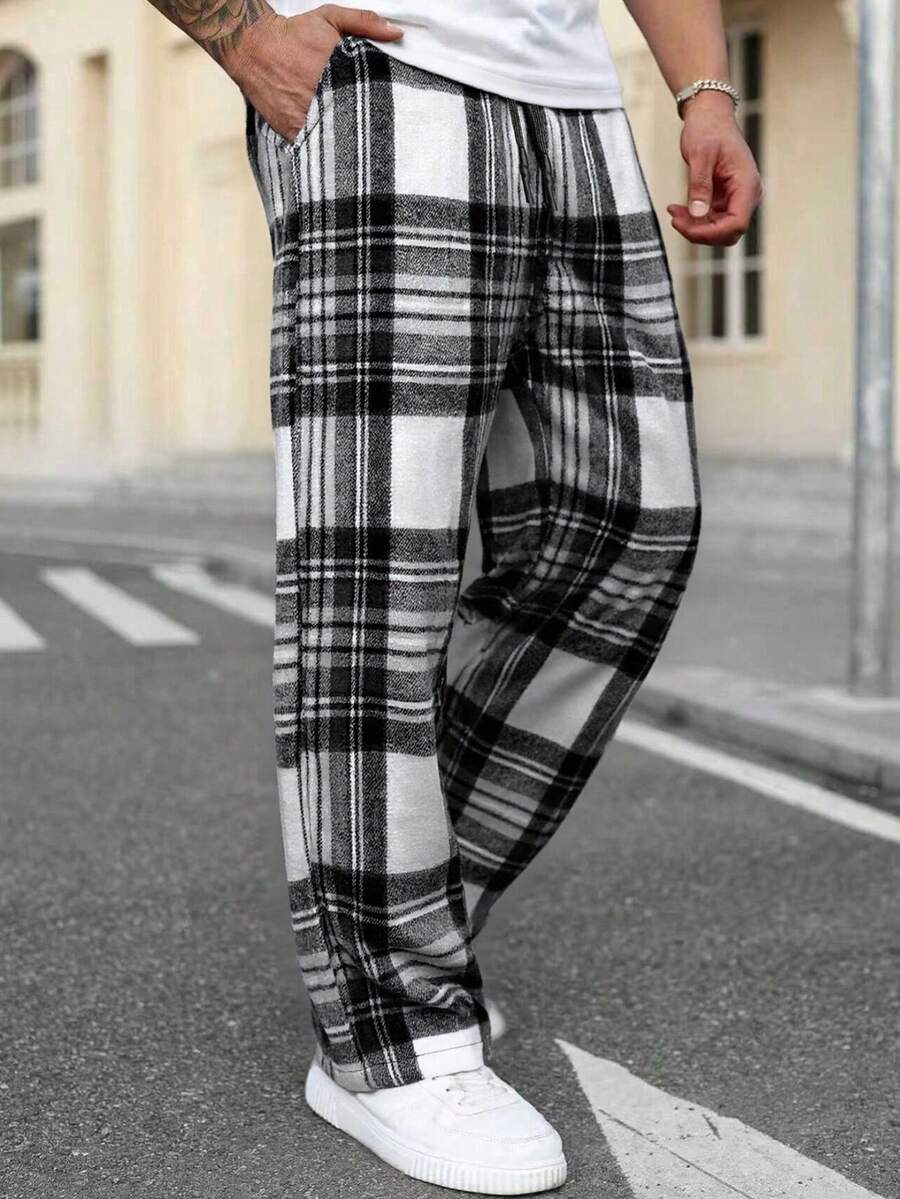 250克重磅针织男士休闲裤，黑白格子图案，弹性抽绳腰带，宽松百搭