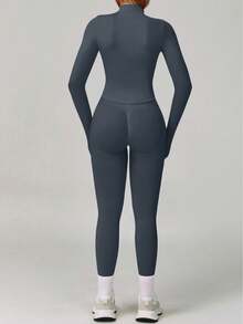 Yefecy Women's Street Style Fitness Set, Zip-Up Jacket Paired With Butt-Lifting Leggings, Fashionable Pieces Suitable For Gym To Street Spring - Dark Grey - View 3