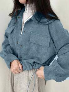 Women's Solid Color Front Button Casual Versatile Long Sleeve Jacket Spring - Blue - View 2
