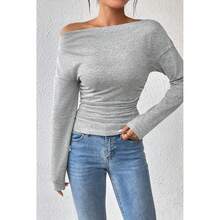 Women's Plain Minimalist Basic Ruched Asymmetrical Neck Drop Shoulder Tee, Elegance Mufti Clothes, Fall Long Sleeve T-Shirt For Everyday, Back To School T Shirts, Lady Clothes For Streetwear, Womenswear, Casual Wear - 銀色 - 查看 2