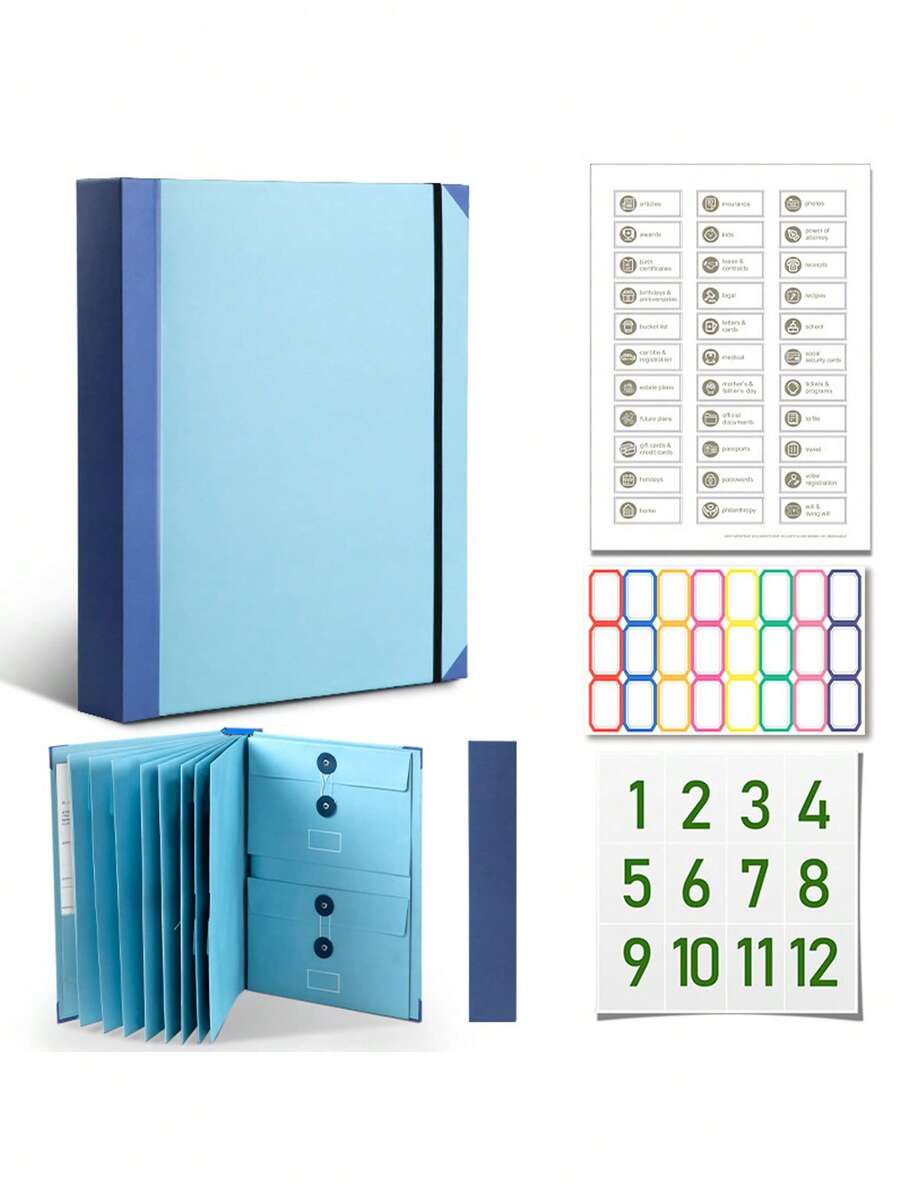 这款便携式文件收纳包/活页夹让您轻松整理重要文件。它设有多个口袋、弹性封口和实用的文件标签。适用于存放信件、护照、照片，并可容纳各种尺寸的信封，有效防止文件丢失。