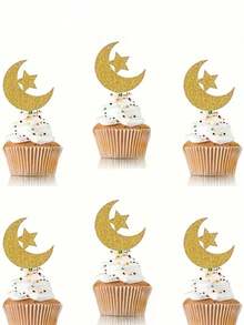 12pcs Eid Mubarak Theme Cupcake Decorations, Crescent Moon & Star Eid Cupcake Decorations, Islamic Ramadan Ramadan Eid Al-Fitr Party Cake Decorations - Multicolor - View 4