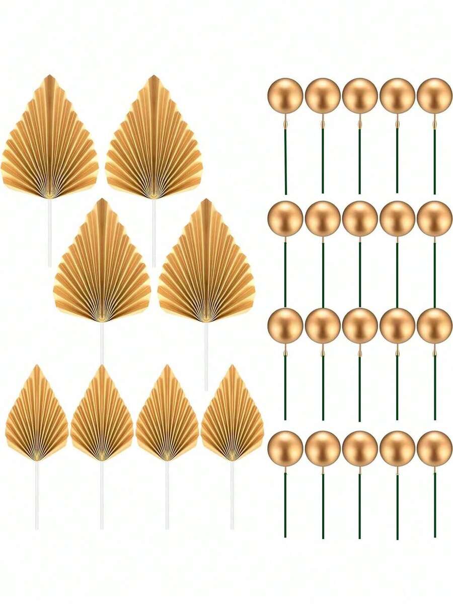 28pcs Or 2pcs Gold Ball Cake Decorations, Paper Gold Palm Leaf Cake Decorations, Foam Ball Paper Imitation Palm Leaf Cake Decorations, Suitable For Birthday Cake Baptism Wedding Retirement Party Men And Women Cake Gold Theme Cake Decorations, Party Decoration Supplies(Please Use White Tubings; The Ball Surface Should Not Come Into Direct Contact With The Cake.) - Gold - View 1