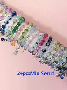5/24pcs Girls Glass Bead Bracelet Set - Pastel & Multicolor Butterfly & Flower Charm Jewelry, Adjustable Elastic Cord With Heart/Star Charms, Random Surprise Blingbling Bracelets For Valentine's Day Gifts, Birthday Party Favors For Girls, For Teenager,  Bracelets For Women High Quality, Bracelets For Women - 彩色 - 查看 8