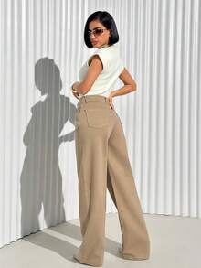 Women's Casual Daily Solid Color Slant Pocket Breathable Jeans - Camel - View 3