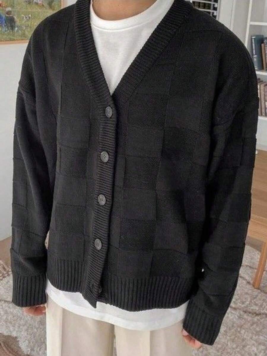 White Yue Lightweight Casual V-Neck Knit Cardigan, Autumn/Winter, Plaid Pattern Minimalist Commuter Style Versatile Charm Cardigan, Back To School, Christmas, New Year, Long Sleeve Top - Black - View 1