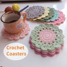 Handmade Crochet Pink Flower Coaster Set – 4 Pcs Soft Round Coffee Drink Mats With Flowerpot Holder, Funny Decorative Home Bar Desk Table Placemat For Housewarming / New Home / Kitchen & Wedding