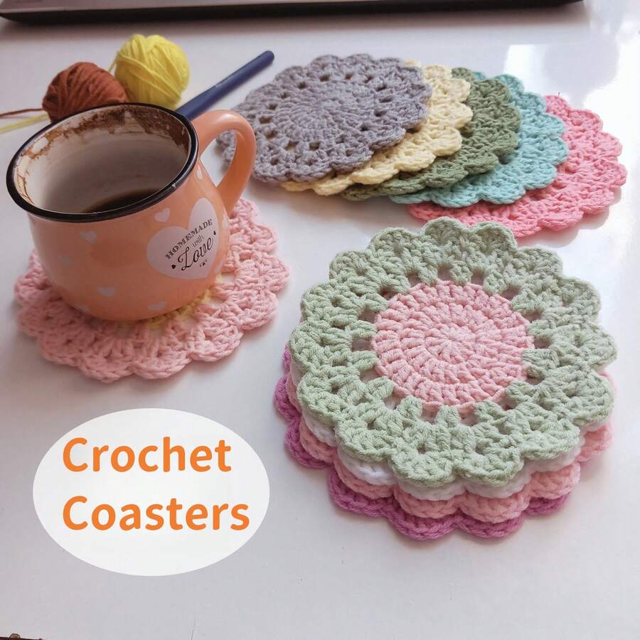 Handmade Crochet Pink Flower Coaster Set – 4 Pcs Soft Round Coffee Drink Mats With Flowerpot Holder, Funny Decorative Home Bar Desk Table Placemat For Housewarming / New Home / Kitchen & Wedding