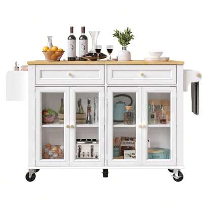 Hochwertige Kücheninsel mit Rollen & Glastüren, Multifunktionaler Servierwagen mit Holzmaserung & großem Stauraum, Mobiler Buffetschrank, Küchenwagen für Esszimmer, Wohnzimmer, Küche, Weiß
